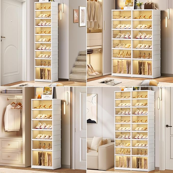 6-Tier Foldable Shoe Rack Organizer for Closet 24Pairs Plastic Shoe Shelf Collapsible Shoes Storage Box Clear Shoe Boxes Stackable with Door Easy Assembly Shoe Cabinet with Lids Large