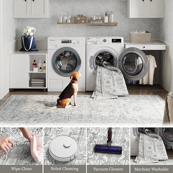 jinchan Lima Washable Area Rug 3x5 Entryway Rug - Distressed Vintage Floral Ultra-Thin Low-Pile Soft Non-Shedding Indoor Floor Carpet for Kitchen Bedroom Entrance Laundry Living Room (3x5ft, Grey)