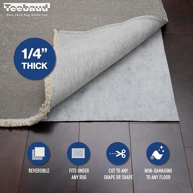 3' x 10' Non-Slip Rug Pad, Reversible Gripper, Non Skid Pads for Hardwood, Vinyl, Tile, Laminate Floors, Keep Area Rugs Secure, Natural Materials Safe for Indoor Flooring, ¼” Thick