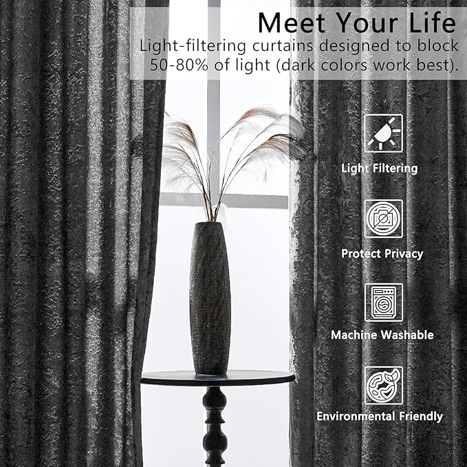 SMILETIME Grey Crushed Velvet Curtains 52x96 inch Luxurious Thermal Insulated Soundproof Drapes for Living Room Bedroom Office Soft and Durable Light-Filtering Window Treatments, 2 Panels