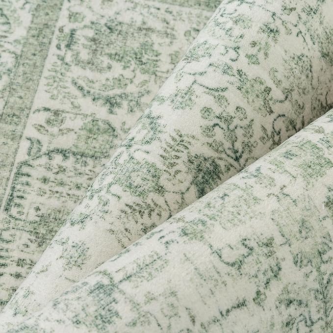 Runner Rug 2x6 Sage Green Hallway Washable Vintage Distressed Kitchen Carpet Non Slip Neutral Low Pile Retro Floral Farmhouse Long Throw Rug Entryway Bathroom Office Laundry Dining Room