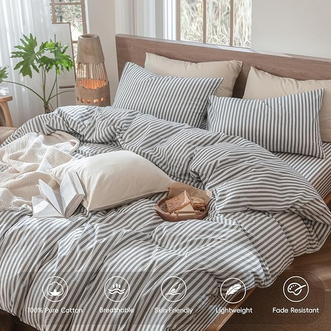 MooMee Striped Duvet Cover Set 100% Washed Cotton Linen Like Textured Breathable Durable Soft Comfy (Dark Grey White Classic Stripes, Twin 68"x90")