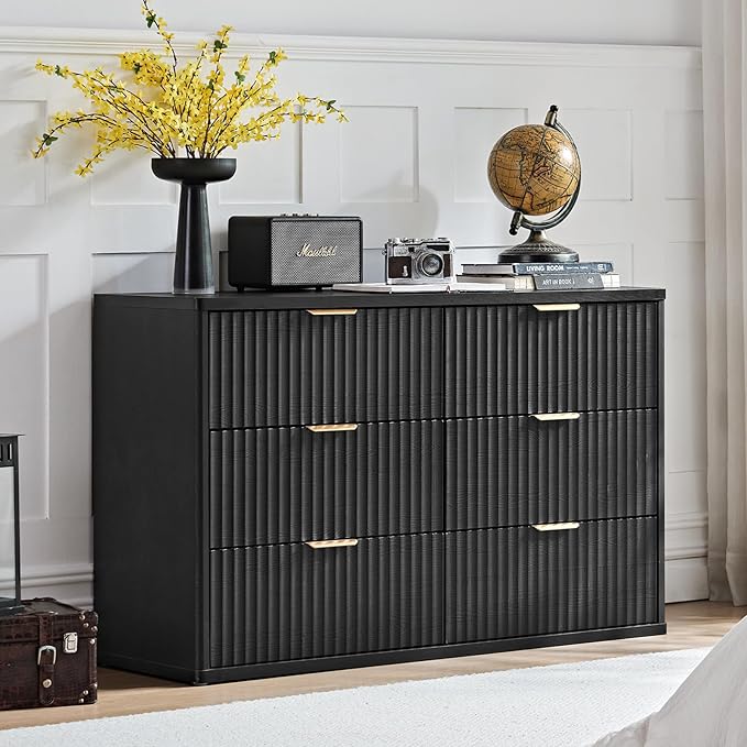 LEYAOYAO 48" Wide Fluted Dresser and 2 Drawers 23" Nightstand Set of 2, Wooden Dresser & Night Stand with Charging Station, 3 Piece Bedroom Furniture Set, Chest of Drawer for Living Room,Black