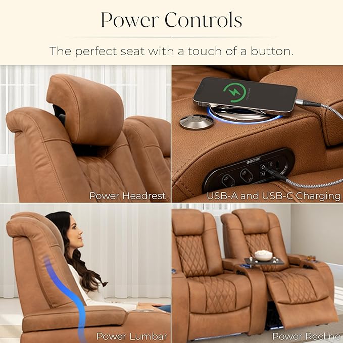 Seatcraft Diamante Zero-Gravity CoolZero Italian Leather Home Theater Seating, Power Headrest, Power Recline, Row of 4 Right Loveseat, Tawny