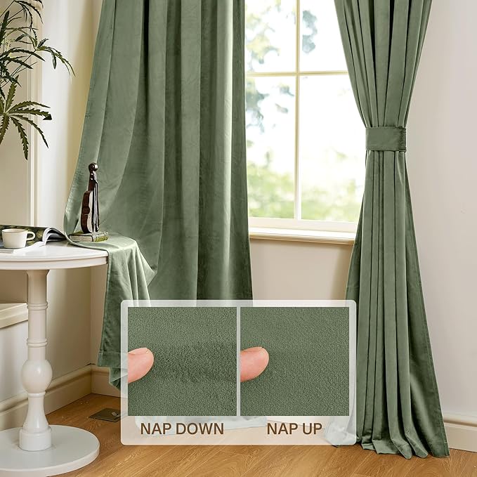 StangH Sage Green Velvet Curtains - Rod Pocket Room Darkening Curtain Panels Heritage Plush Heat Insulation Drapes for Nursery/Bedroom/Living Room, W52 x L84, 2 Panels