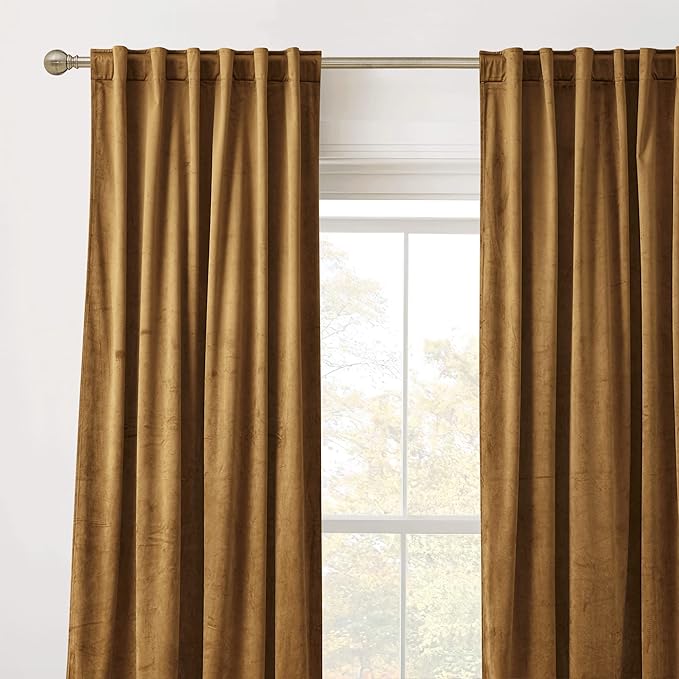RYB Home Velvet Curtains 108 inches, Soft Durable Drapes Room Darkening Privacy Window Treatment Farmhouse Decor for Living Room Sliding Glass Door, Golden Brown, W52 x L108 inches, Set of 2
