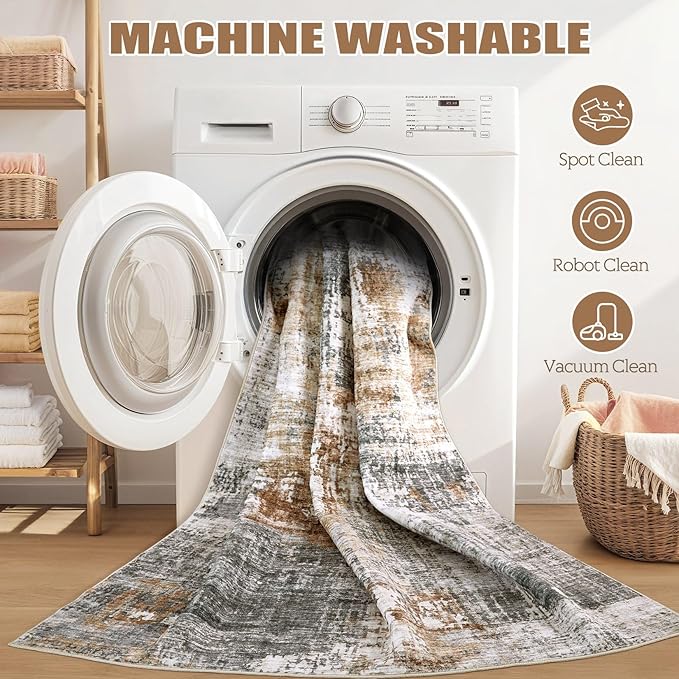 Area Rug Living Room Rugs - 4x6 Abstract Small Soft Indoor Washable Rug Neutral Modern Low Pile Carpet for Bedroom Dining Room Farmhouse Home Office - Grey Brown