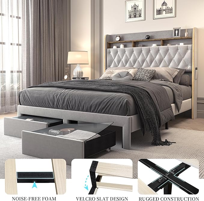 Queen LED Bed Frame with Storage Drawers, Velvet Upholstered Platform Beds with Galaxy Star Projector Charging Station, Aurora Bedframe with 2-Tier Storage Headboard, No Box Spring Needed, Grey