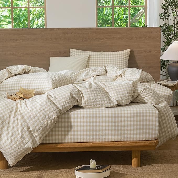 MooMee Gingham Duvet Cover Set 100% Washed Cotton Linen Like Textured Breathable Durable Soft Comfy Modern Checkered Design (Almond Milk Grey Gingham, Queen 90"x90")
