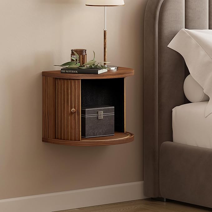 WERMO 16'' Floating Nightstand with Storage and Sliding Door - Floating Side Table for Living Room, Bedroom and Office. Mid Century Modern Nightstand Wood, Bedside Shelf Wall Mount (Walnut)