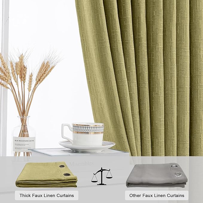 Jacquard Linen Curtains 96 inch Length 2 Panels Thick Faux Linen Blended Window Drapes Burlap Textured Curtains with Grommet for Living Room Bedroom Farmhouse (52x96 Olive Green) Natural