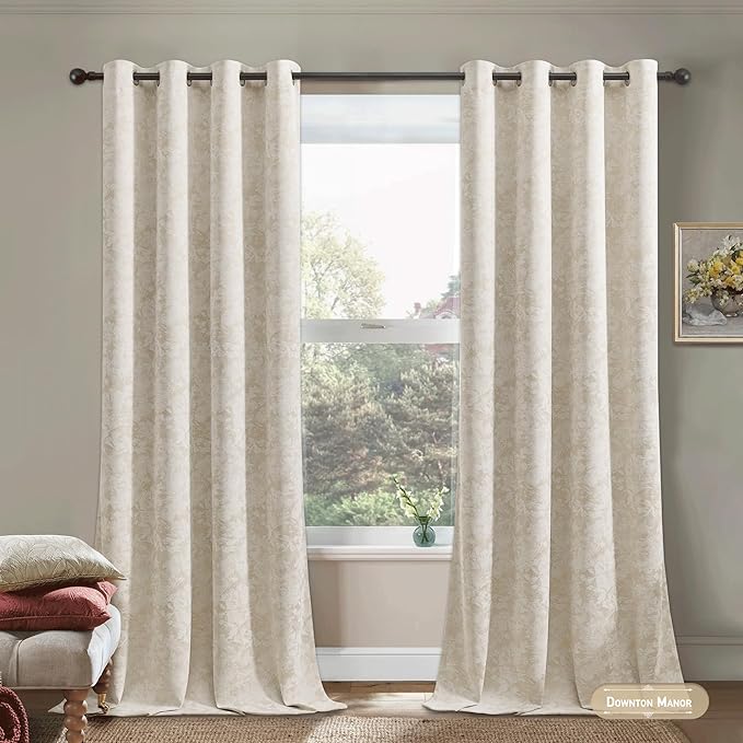 Beauoop Beige Floral Jacquard Blackout Curtains 90 Inches Long 2 Panels for Bedroom Living Room Taupe Flower Chenille Room Darkening Thermal Insulated Soundproof Grommet Window Treatments Drapes 52x90
