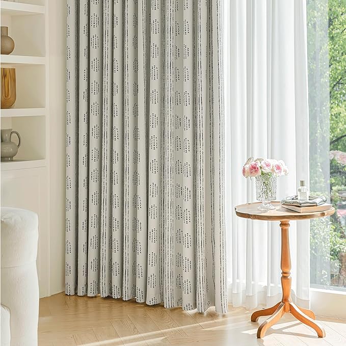 100% Boho Blackout Curtains 96 Inches Long for Bedroom, Black on Beige Patterned Bohemian Curtains for Living Room, Geometric Striped Thermal Insulated Window Drapes Gromment Top 2 Panels