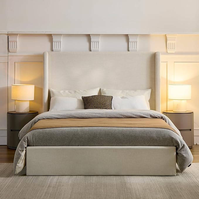 KEIKI Queen Bed Frame with Upholstered Wingback Headboard, Tufted Chenille Platform Bed, No Box Spring Needed, Ivory