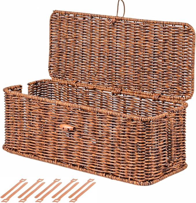 BROWNLILY Cable Management Box, Rattan Style Cord Organizer for Desk Cord Hider Outlet Covers Baby Proofing for Power Strip TV PC Router Charger Under Desk Storage with Lockable Lid and Cable Ties