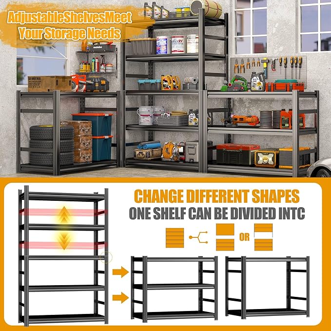 72''H Shelving Unit, 3020 Lbs Heavy-Duty Garage Storage Shelves, 5-Tier Adjustable Reinforced Shelves for Laundry Rooms, Basements, Kitchens&Outdoor（48''W*24''D*72''H）