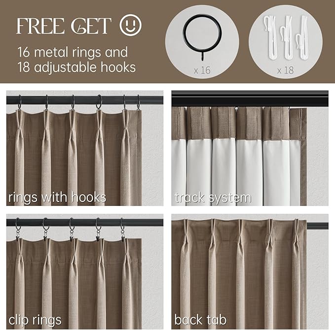 Topfinel 94 Inches Long Taupe Flax Custom Blackout Linen Curtains, Viral Ivory Pinch Pleated Noise Cancelling Curtains with Pin Hooks for Traverse, Burlap Viral Drapes 2 Panels for Living Room