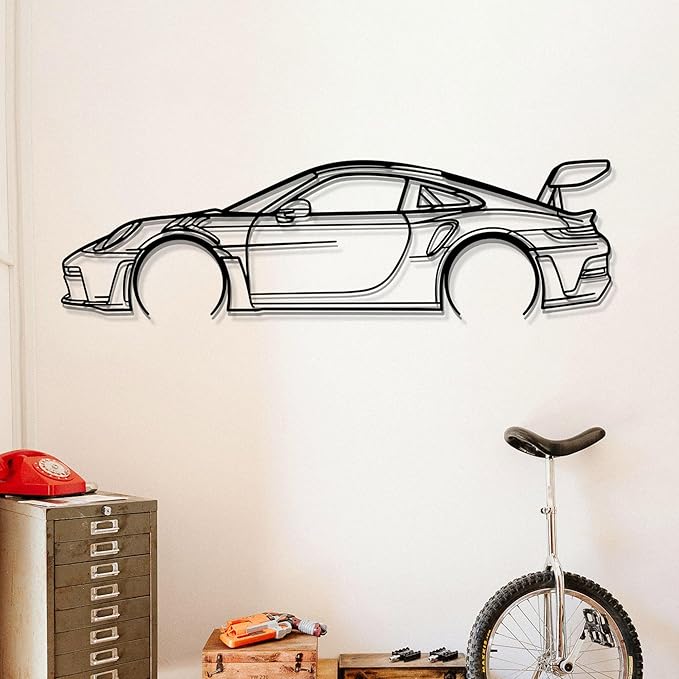 Dekory Car Wall Art – 911 GT3 RS (992) Black Metal Sports Car Silhouette, Modern Industrial Automotive Wall Decor for Garage, Living Room or Bedroom – 32 Inch (M)