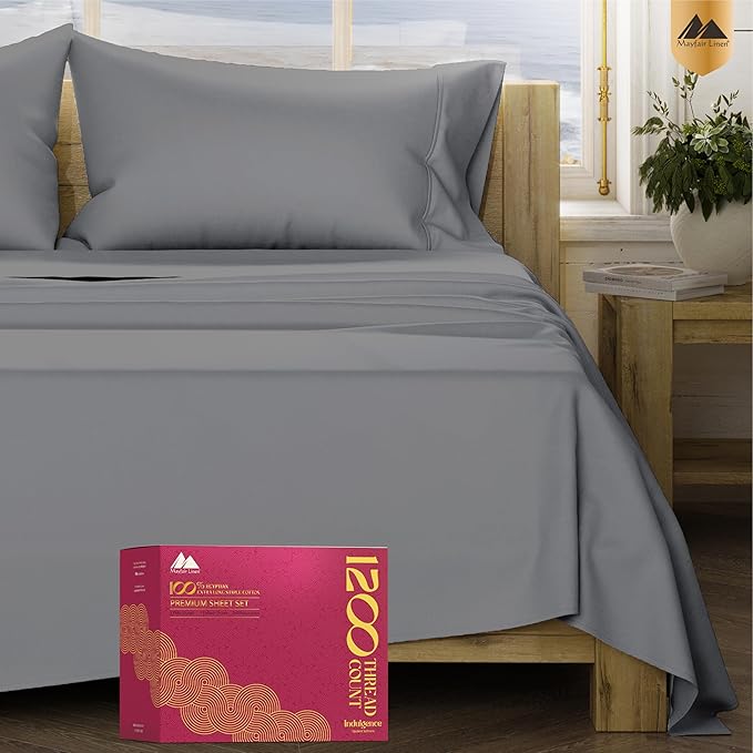 Mayfair Linen 100% Egyptian Cotton Sheets King Size - 1200 Thread Count King Size Sheets Set Egyptian Cotton, 4 PC Luxury Bedsheet (Dark Grey), Soft, Cooling, 17" Deep Pocket Sateen Weave Bedsheet Set