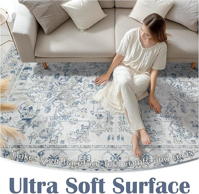 jinchan Lima Runner Rug 2x5 Washable Hallway Runner - Vintage Floral Non Slip Low-Pile Soft Ultra-Thin Kitchen Rug Distressed Carpet for Farmhouse Bedroom Entryway Laundry Room (2x5ft, Blue)