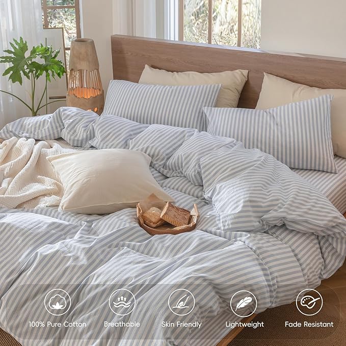 MooMee Striped Duvet Cover Set 100% Washed Cotton Linen Like Textured Breathable Durable Soft Comfy (Cornflower Blue White Classic Stripes, Oversized Queen 98"x98")