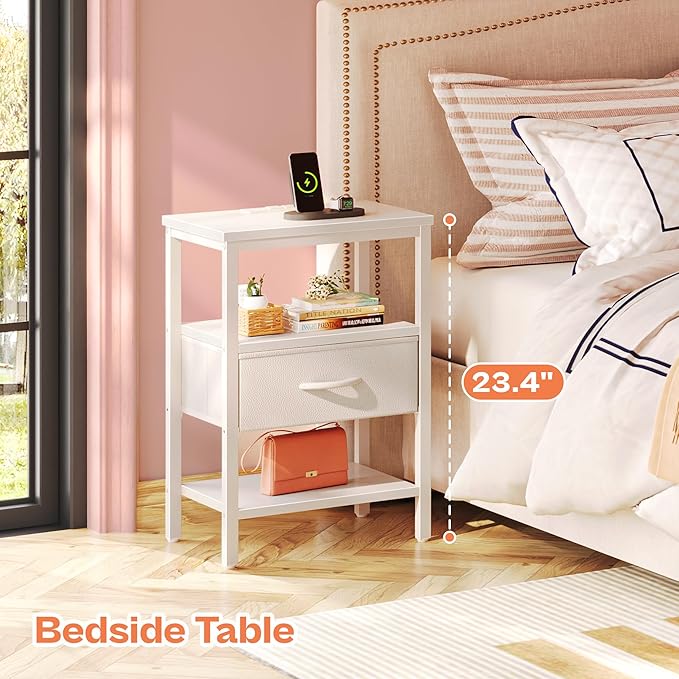 SUPERJARE Nightstand with Charging Station, Bed Side Table with Adjustable Fabric Drawer, Night Stand for Bedroom, 3-Tier Storage End Table, for Living Room, White