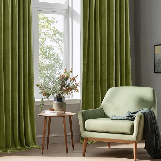 StangH Olive Green Velvet Curtains 108 inches Long Christmas Holiday Home Decor, Soft Thick Light Blocking Privacy Sliding Door Curtains for Dining Room, W52 x L108, 2 Panels