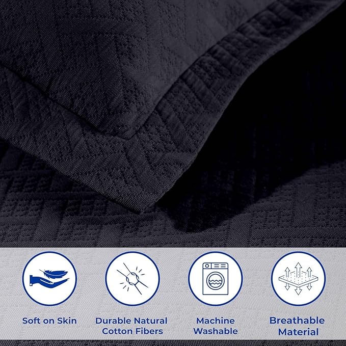 Superior 3 Piece Basketweave Cotton Bedspread Set, Home Bed Decor, Decorative Bed Spread, 2 Pillow Shams, Medium Weight Blanket, Matelasse Coverlet Bedding, Geometric Lattice Pattern, Queen, Navy Blue