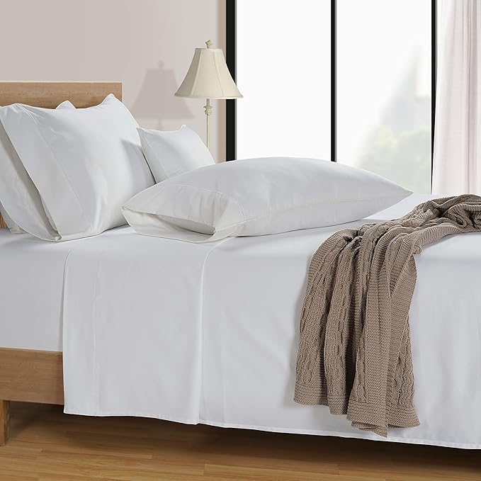 LANE LINEN 600 Thread Count 100% Mercerized Cotton White Twin Sheet Set - Soft & Cmofy Hotel Like Thick Cotton Bedding Sheets & Pillowcases, Sateen Weave Silky Finish Luxury White Bed Sheets Set