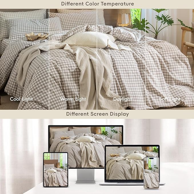 MooMee Gingham Duvet Cover Set 100% Washed Cotton Linen Like Textured Breathable Durable Soft Comfy Modern Checkered Design (Tannish Linen Grey Gingham, Oversized Queen 98"x98")