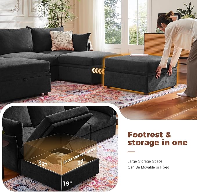ABCASA 102.6" Modular Sectional Sofa, L Shaped Couch Set for Living Room, 3-Seater Comfy Cloud Couches with Movable Storage Ottoman,DIY Combination - Chenille Black
