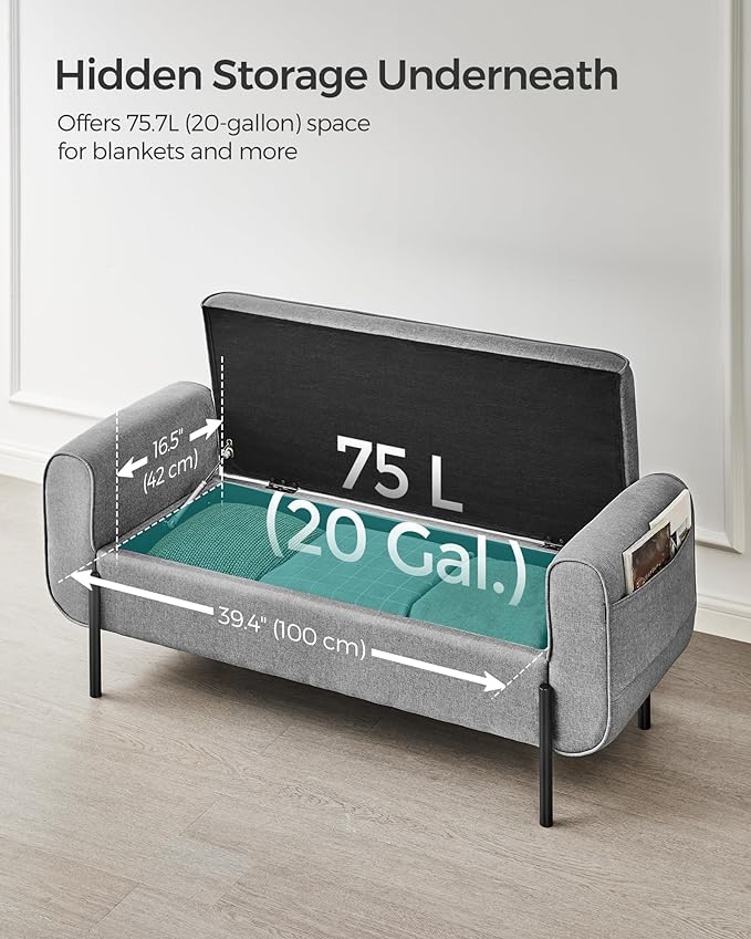 SONGMICS Storage Bench with Armrests, Ottoman for Living Room, Bedroom, Entryway, Steel Legs, Light Gray ULOM072G02