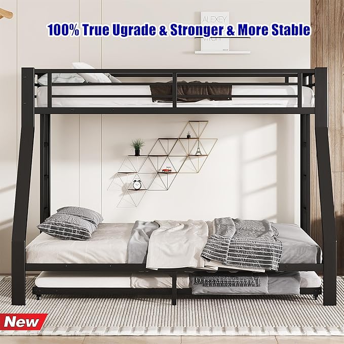 LUCALEO Stronger & Truly Reinforced Heavy Duty Metal Bunk Bed Twin XL Over Queen Size Bunkbed, Thickened More Stable & Safer Steel Bunk Bed Frame with Twin Size Trundle (Greater Weight Capacity)