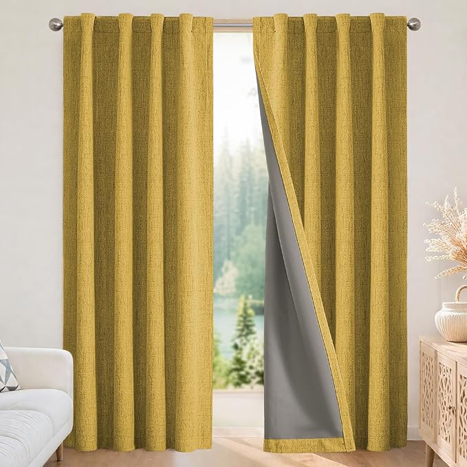 Joydeco Blackout Curtains for Bedroom - 100% Light Blocking 2 Panels Set Yellow Drapes 42" W x 96" L, Thermal Insulated Room Darkening Curtains, Linen Textured for Living Room, Rod Pocket & Back Tabs