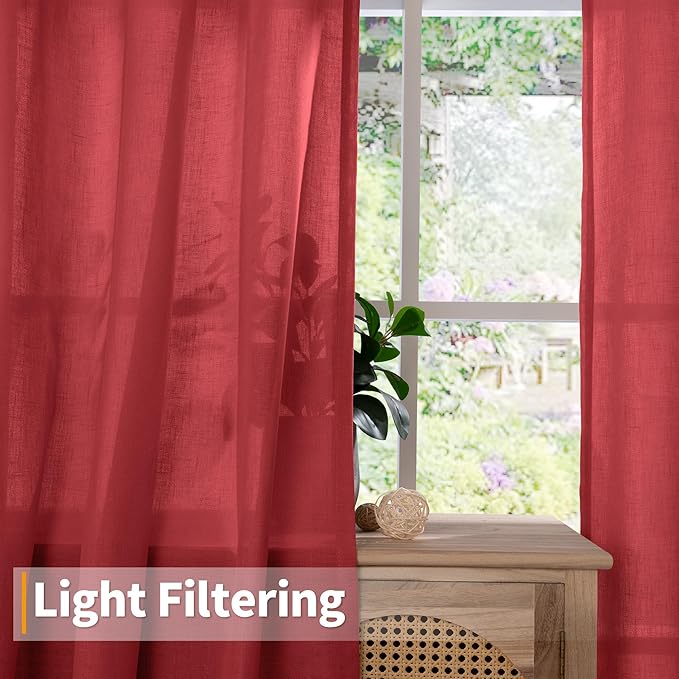 YoungsTex Red Linen Kitchen Curtains 40 Inch Length, Short Light Filtering Drapes with Grommet Semi Sheer Privacy Christmas Decor for Cafe Bathroom Window, 2 Panels, 42 X 40 Inch