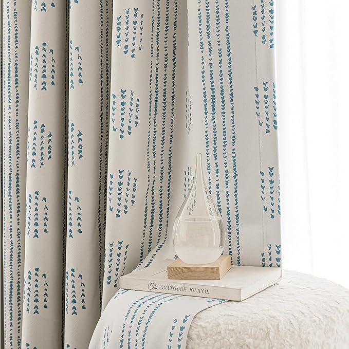 100% Boho Blackout Curtains 63 Inches Long for Bedroom, Blue on Beige Patterned Bohemian Curtains for Living Room, Geometric Striped Thermal Insulated Window Drapes Gromment Top 2 Panels