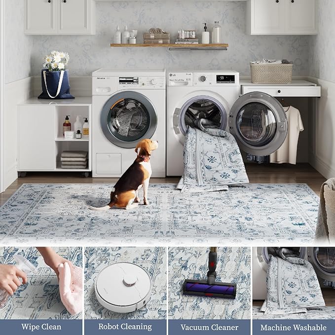 jinchan Lima Runner Rug 2x5 Washable Hallway Runner - Vintage Floral Non Slip Low-Pile Soft Ultra-Thin Kitchen Rug Distressed Carpet for Farmhouse Bedroom Entryway Laundry Room (2x5ft, Blue)