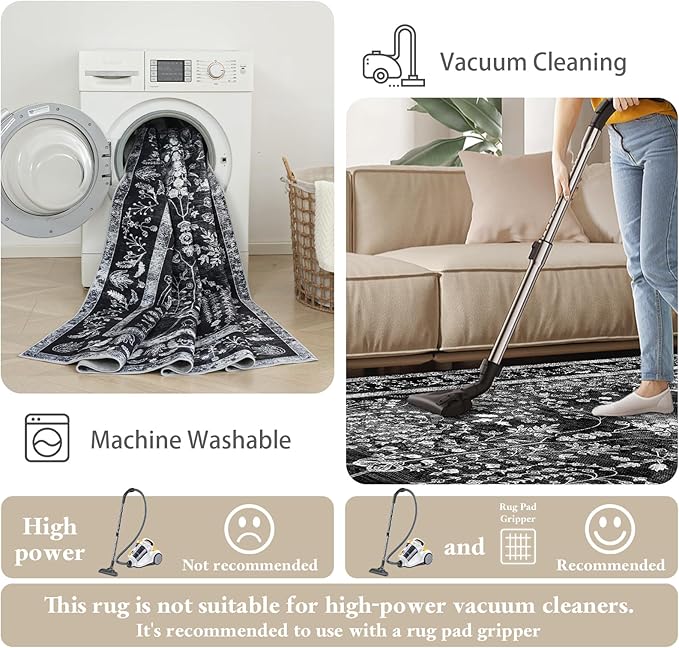 3x6 Runner Rugs for Hallways: Kitchen Runner Non Slip Washable Rug with Rubber Backing Stain Resistant Carpet Low Pile Floral Rugs for Bedroom Bathroom Laundry Living Room Black White 3x6