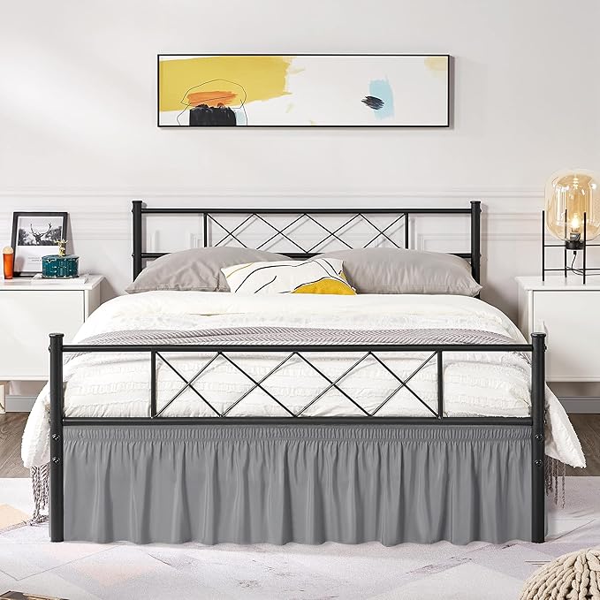Biscaynebay Wrap Around Bed Skirts with Split Corners for Queen Beds 21" Drop, Silver Grey Elastic Dust Ruffles Easy Fit Wrinkle & Fade Resistant Silky Luxurious Fabric Solid Machine Washable