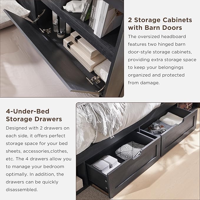 ACCOHOHO Farmhouse Full Size Bed Frame with 52" Tall Storage Headboard and LED Light,Wood Platform Bed Frame with 4 Drawers and Charging Station,Solid Wood Slats Support,No Box Spring Needed,Black