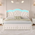 Keyluv King Bed Frame with LED Lights and 2 Storage Drawers, Velvet Upholstered Platform with 47" Tall Arc-Shaped Wingback Headboard and Button Tufted Design, No Box Spring Needed, Noise-Free, Beige
