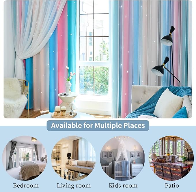 Star Blackout Curtains for Bedroom - Cute Kids Rainbow Curtains, 84 Inch Long 2 Panels, Beige & Blue & Pink