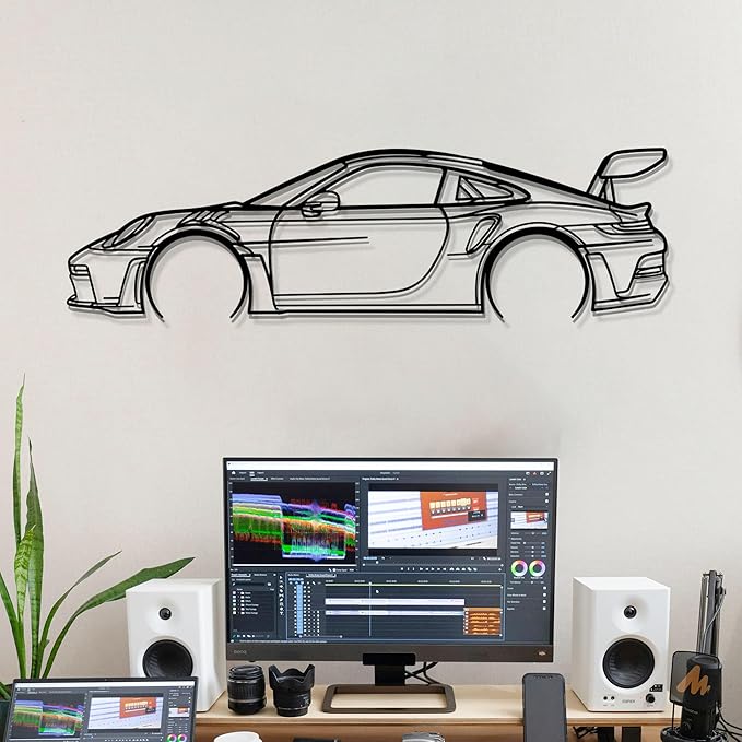 Dekory Car Wall Art – 911 GT3 RS (992) Black Metal Sports Car Silhouette, Modern Industrial Automotive Wall Decor for Garage, Living Room or Bedroom – 40 Inch (L)