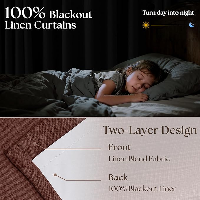 Maroon Blackout Pinch Pleated Linen Curtains 105 Inches Long for Living Room 2 Panels Thermal Insulted Dual Layer Drapes Ceiling Floor 105 Inch Window Curtains Bedroom Chestnut Reddish Brown