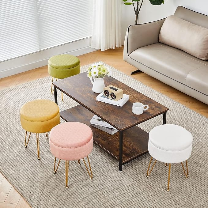 Cpintltr Modern Velvet Foot Rest Stool Upholstered Round Storage Ottomans Multipurpose Dressing Stools Luxury Home Decor Ottoman Coffee Table Top Cover Footstool with Metal Legs for Couch Beige