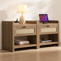 SICOTAS Night Stand Set of 2 Nightstands - Rattan Bed Side Table with Drawer Storage,Type-C Charging Station End Table - Boho Bedside Night Stands for Bedroom - Natural Oak