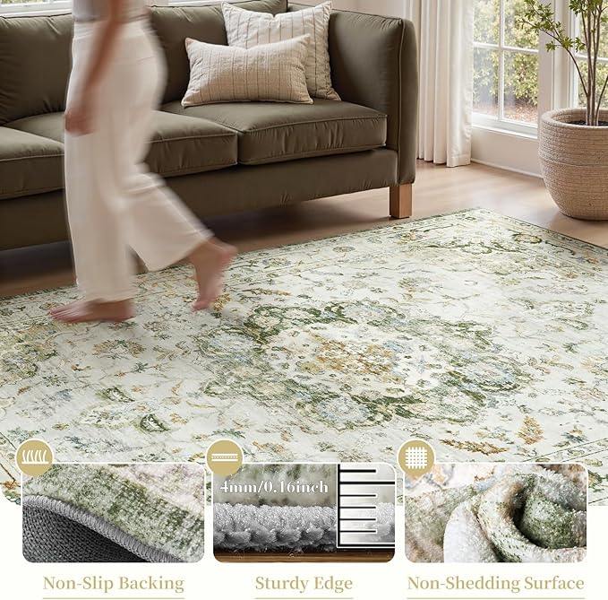 PADOOR 6X9 Area Rug,Rugs for Living Room,Soft Green Rugs for Bedroom,Machine Washable Rugs Non Slip Carpet,Rug for Dining Room Living Room Bedside Office