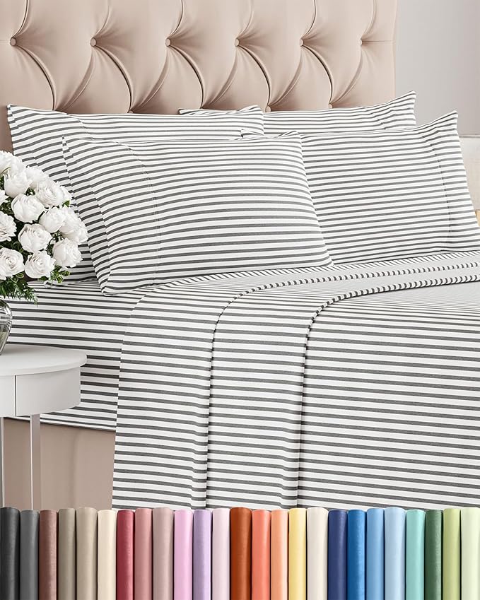 Queen 6 Piece Sheet Set - Cooling, Comfy & Breathable - Hotel Luxury Bedding, Includes Fitted Sheet for Women, Men, Kids & Teens - 1 Flat, 1 Fitted Sheet, 4 Pillowcases w/Deep Pockets - Grey Stripes