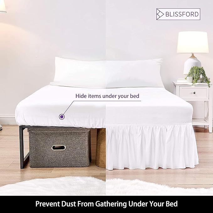 BLISSFORD White Bed Skirt Queen Size 18 inch Drop - with Split Corners - Cotton Blend Ruffled Bed Skirt, Dust Ruffle with Platform, White Queen Size Bedskirt, Machine Washable