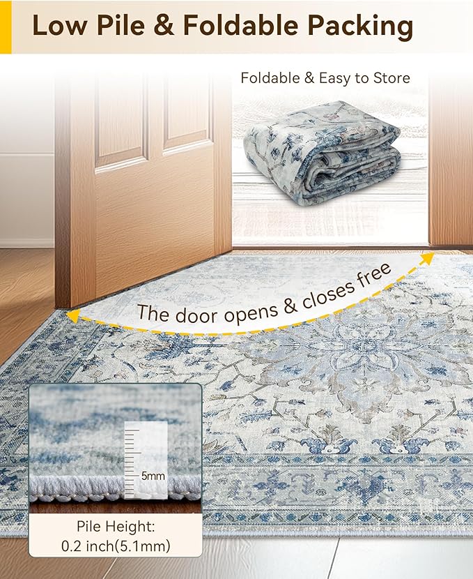 Area Rugs Square 10ft Washable Non-Slip, Floral Vintage Distress Print Pattern Medallion Carpet for Living Room Bedroom Dining Room, Light Blue Navy Beige Gray White